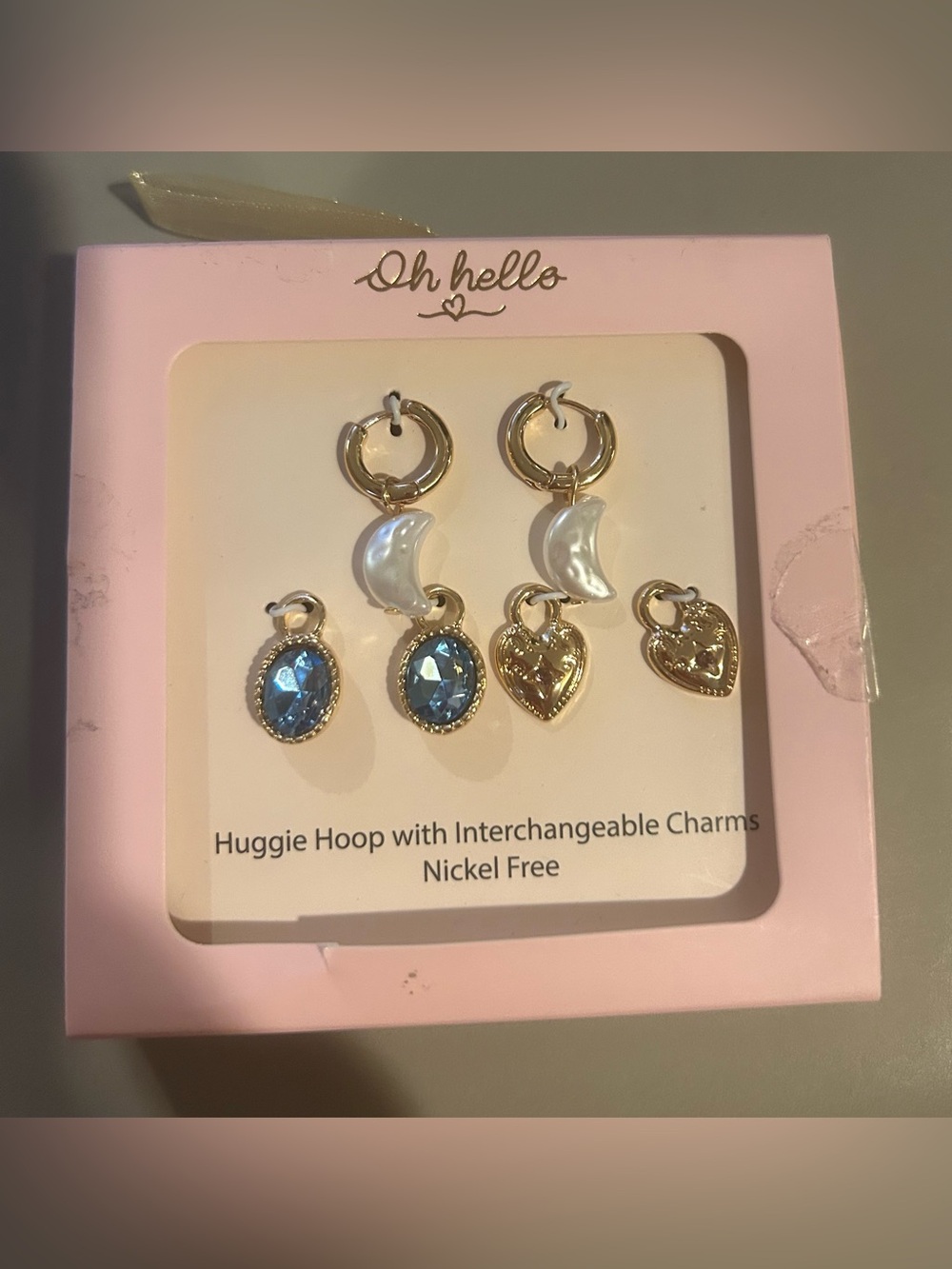 Oh Hello Gold Blue Gem Pearl Moon Heart Huggie Hoop Interchangeable Earrings NWT
